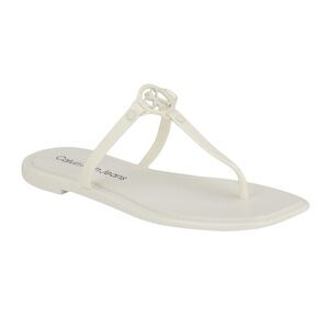 Calvin Klein Edhen Patent Logo T-Strap Flat Sandals Flip Flops White 10 NEW